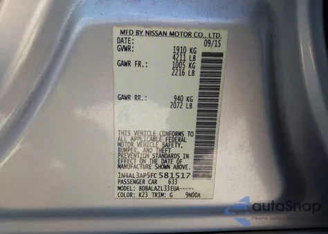 2015 Nissan Altima 2.5 from USA, damaged, VIN 1N4AL3AP5FC581517